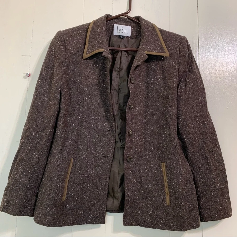 Le Suit Formal Classic Brown Wool Tweed Button Closure Blazer Suit Size 10.